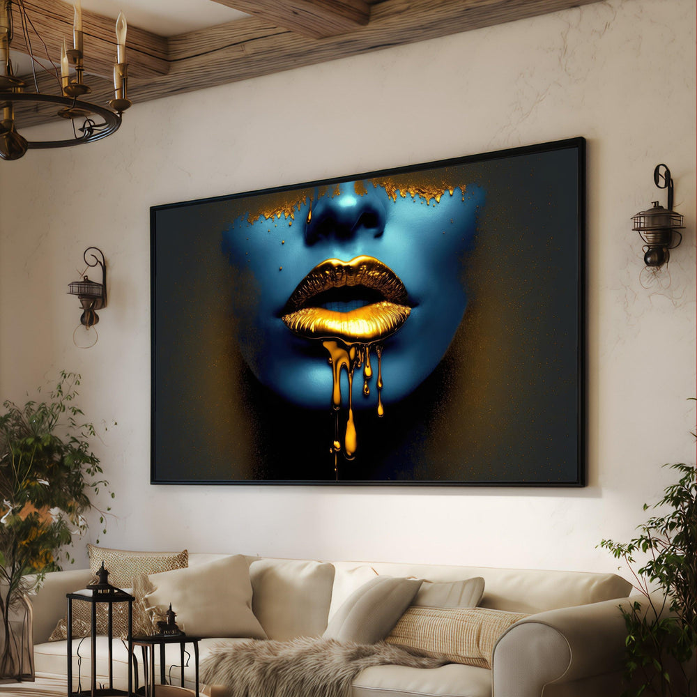 Golden Drip Lips Canvas, Abstract Blue Face Wall Art, Modern Glamour Decor