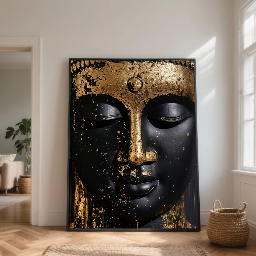 Zen Buddha Face Canvas Art, Black and Gold Spiritual Decor