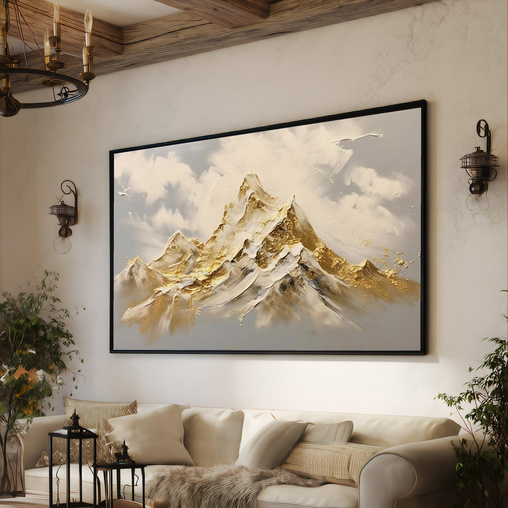 Golden Mountain Peaks Canvas, Abstract Landscape Wall Art