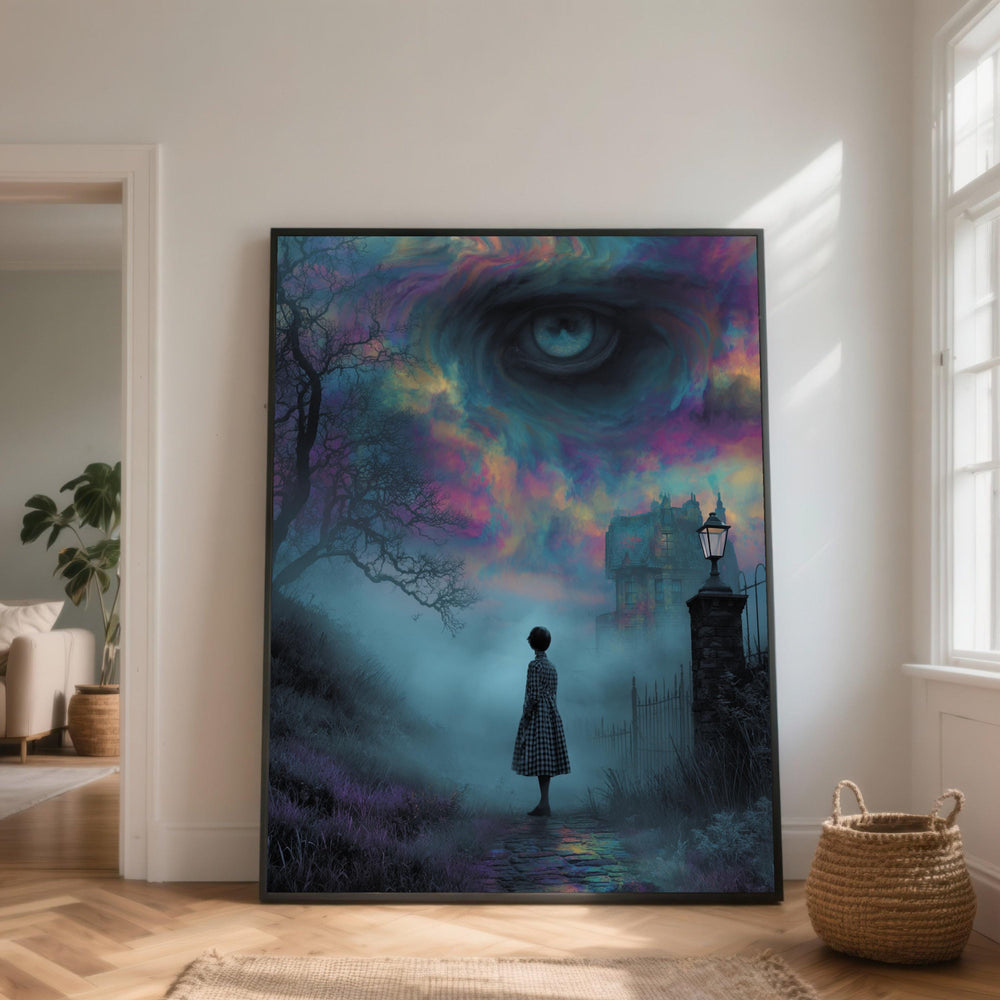 Mystical Night Journey Canvas, Surreal Eye in Sky Wall Art, Haunted House Scene, Moody Foggy Landscape, Fantasy Home Decor Canvas