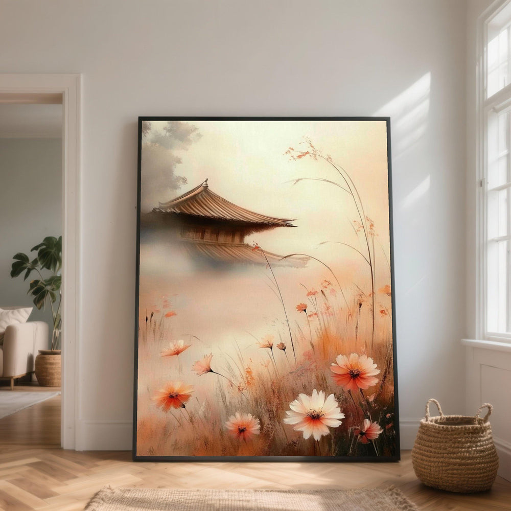 Asian Pagoda Canvas Print, Floral Field, Zen Garden Wall Art
