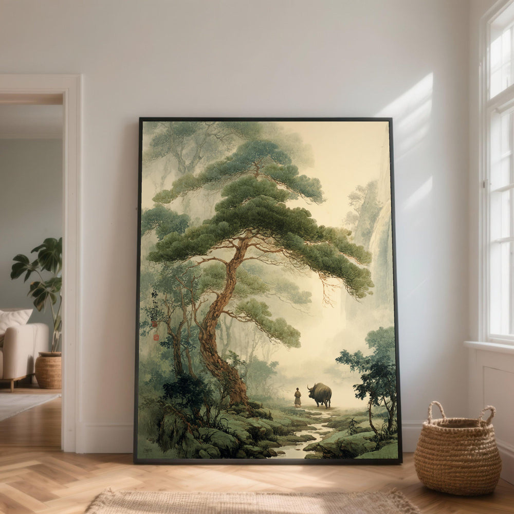 Tranquil Misty Forest Scene, Asian Landscape Canvas, Lone Farmer with Buffalo, Serene River Path Wall Art, Traditional Nature Decor