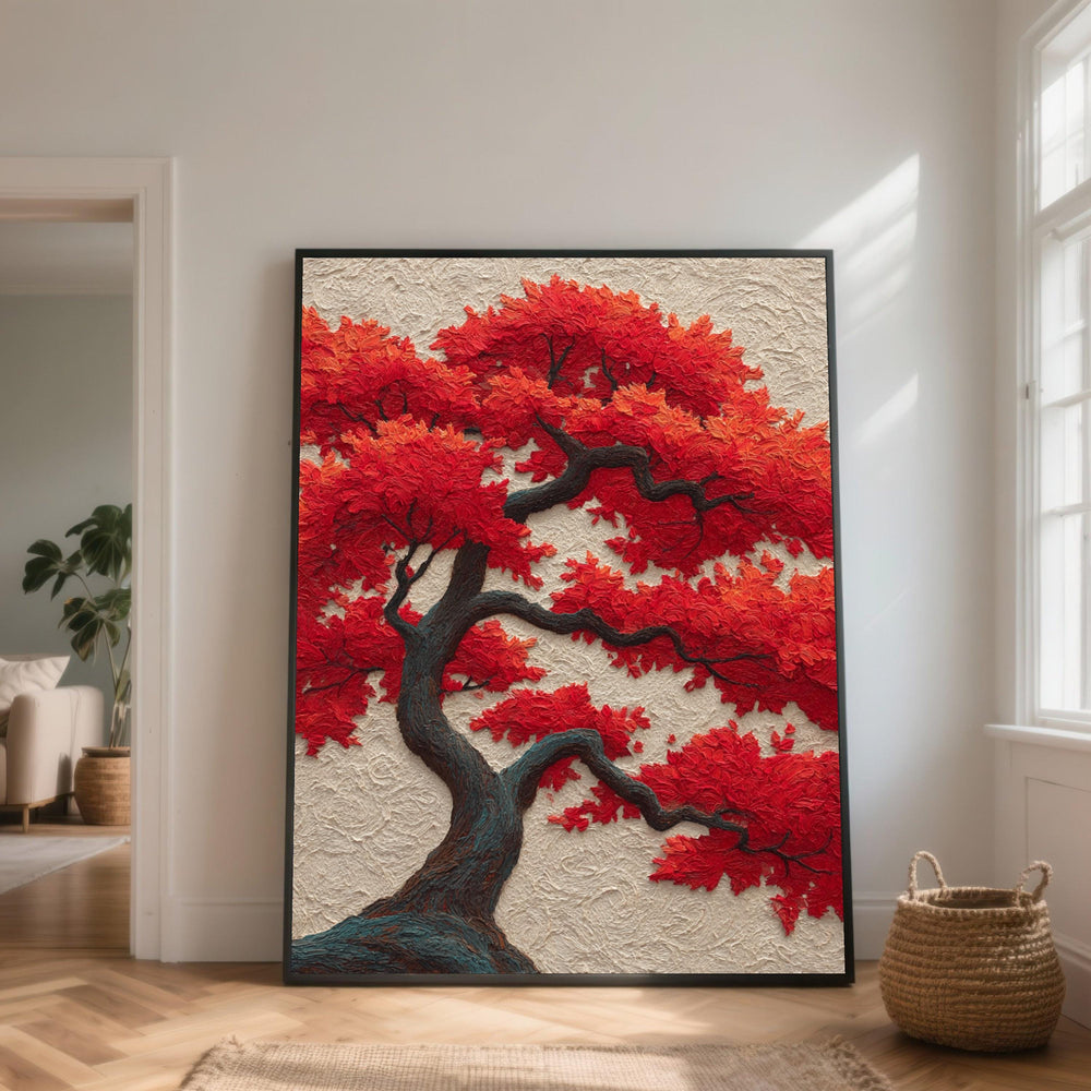 Red Maple Tree Canvas Art, Autumn Botanical Painting, Ready to Hang
