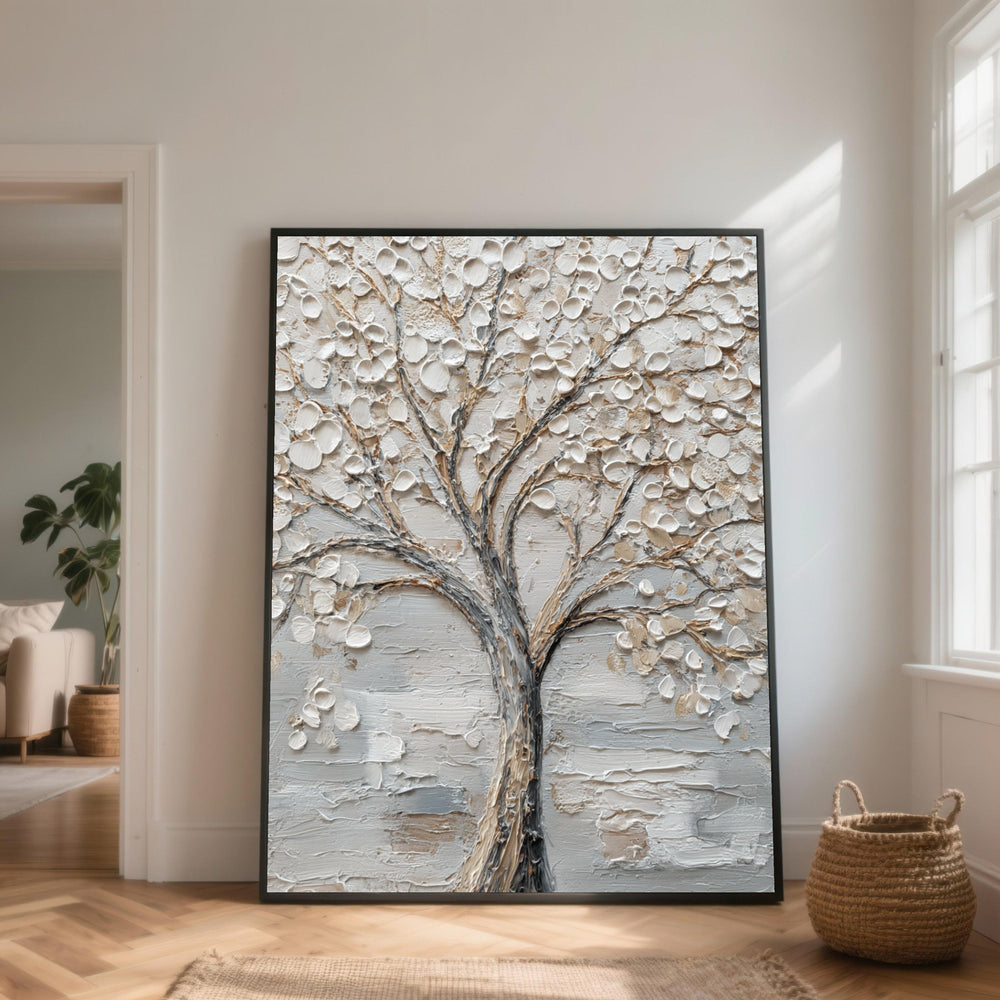 Abstract Tree Impasto Canvas Art, Neutral Palette, Ready to Hang