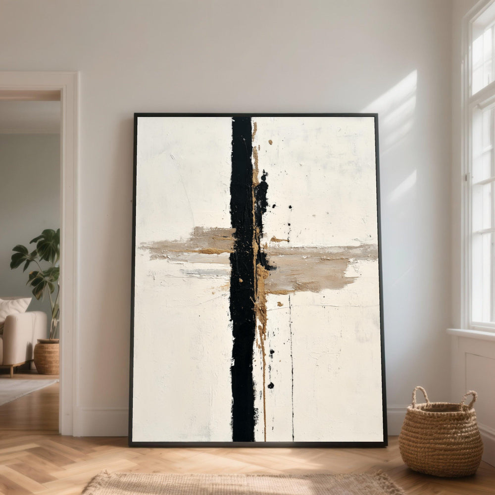 Black and Beige Abstract Canvas Art, Modern Vertical Painting