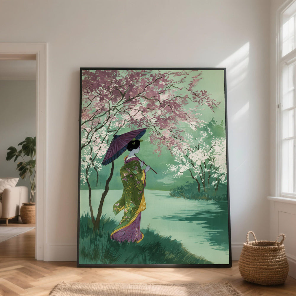 Elegant Geisha with Parasol Canvas, Cherry Blossom Landscape Wall Art, Traditional Japanese Art Print, Serene Nature Scene Decoration