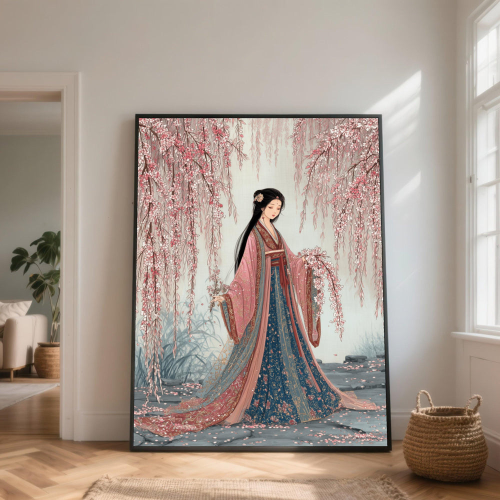 Elegant Asian Woman in Traditional Dress, Cherry Blossom Canvas Wall Art, Oriental Floral Art, Vintage Style Home Decor, Nature Canvas