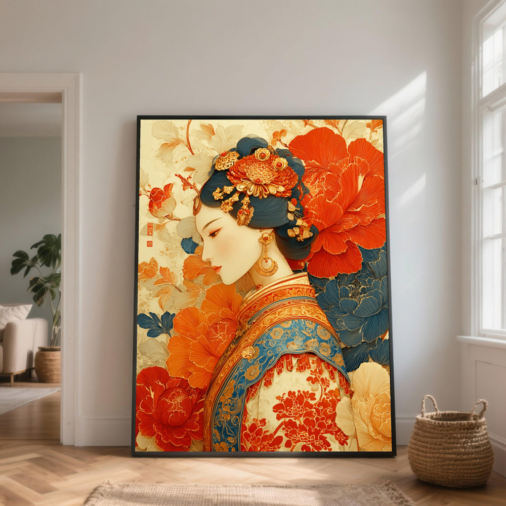 Elegant Geisha Portrait Canvas, Traditional Japanese Woman Wall Art, Floral Asian Decorative Canvas, Vintage Style Home Decor, Ready to Hang