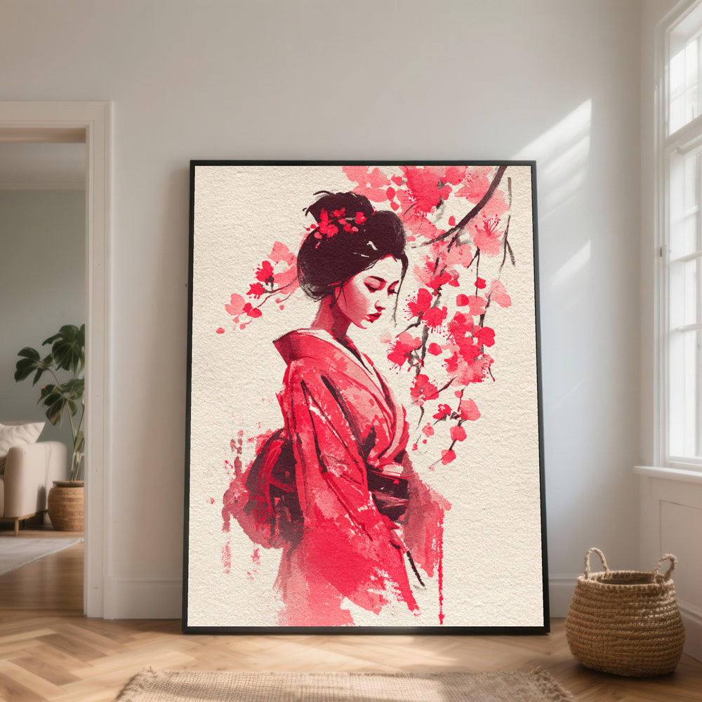 Geisha Canvas Art, Red Kimono, Cherry Blossoms, Asian Decor
