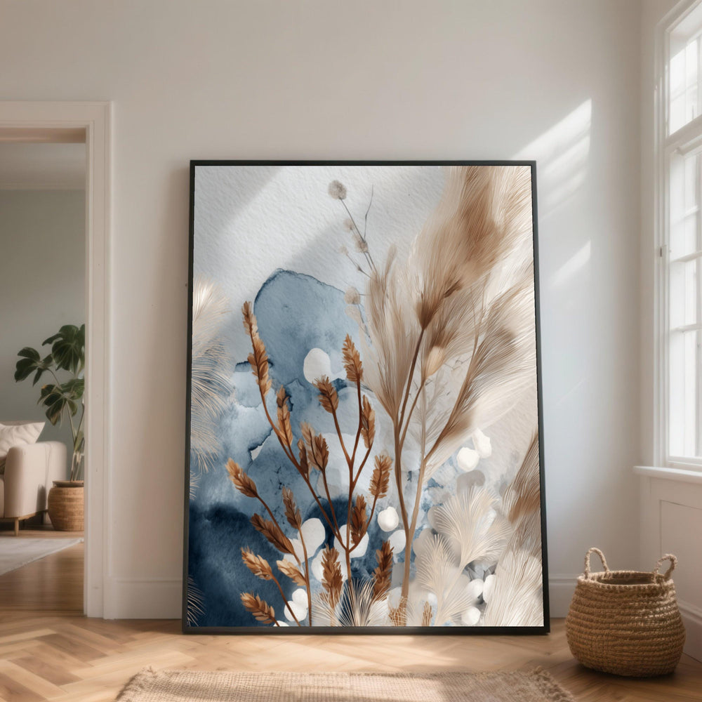 Abstract Floral Canvas Print, Beige & Blue Botanical Wall Art