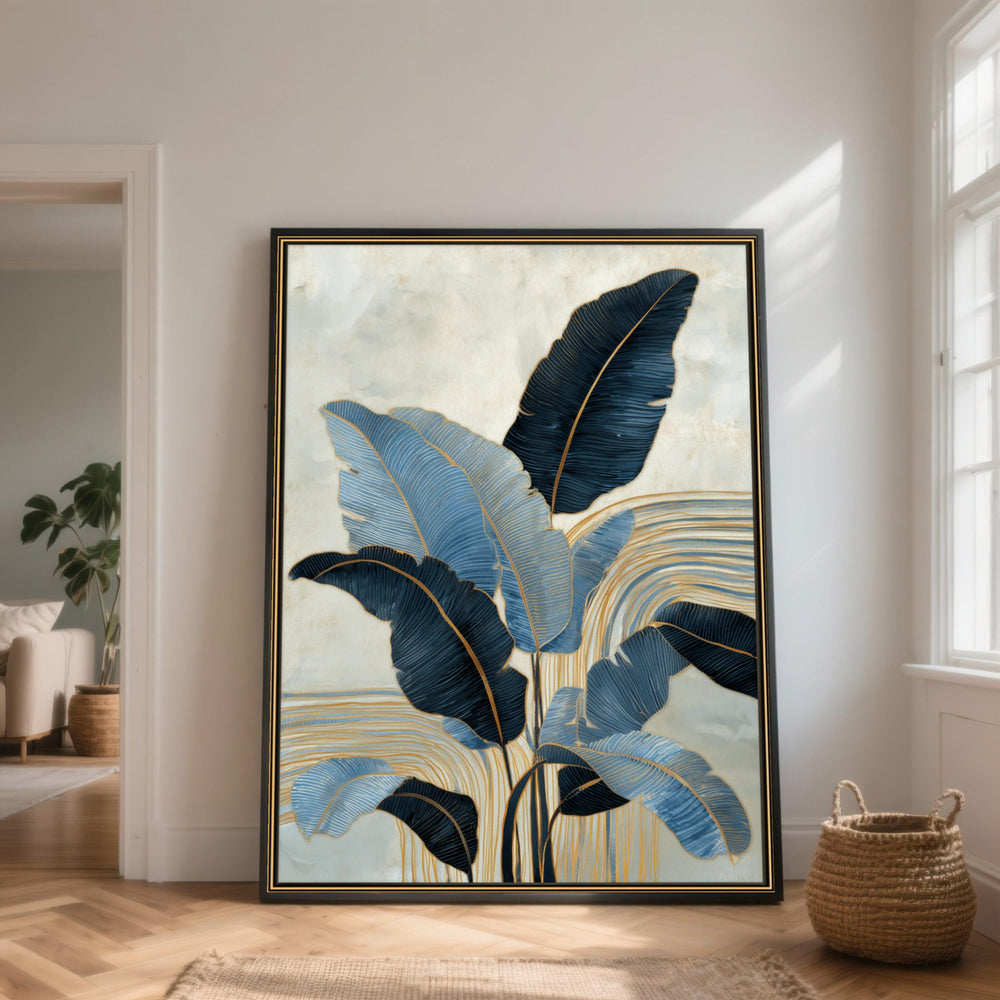 Blue Banana Leaf Canvas, Gold Accent Tropical Wall Art