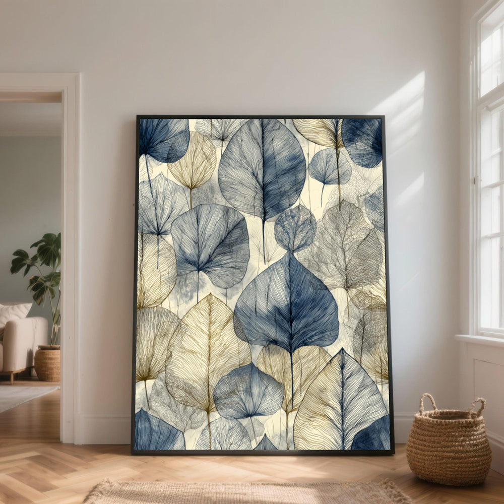 Blue and Gold Botanical Leaves Canvas Art, Modern Home Decor