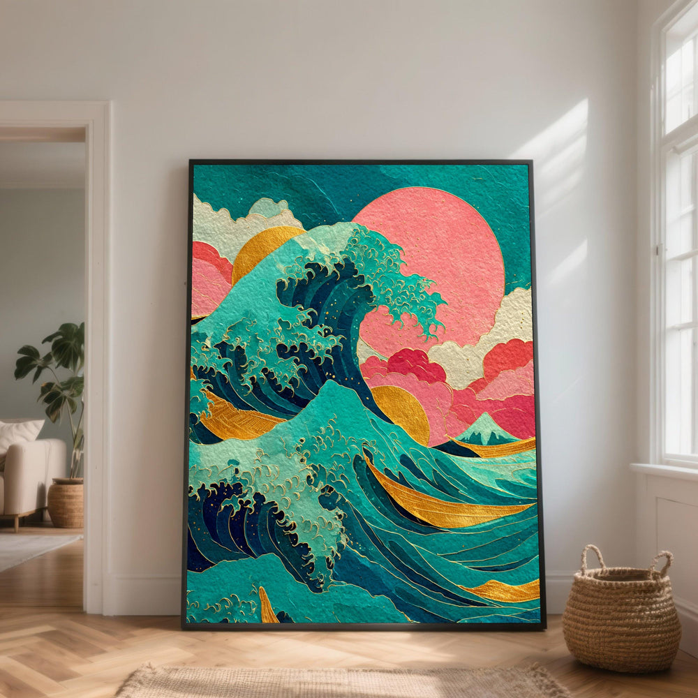 Japanese Wave Canvas Art, Sunset Mount Fuji, Modern Home Decor