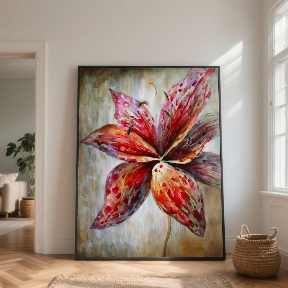 Red Lily Floral Canvas, Abstract Flower Painting, Ready to Hang