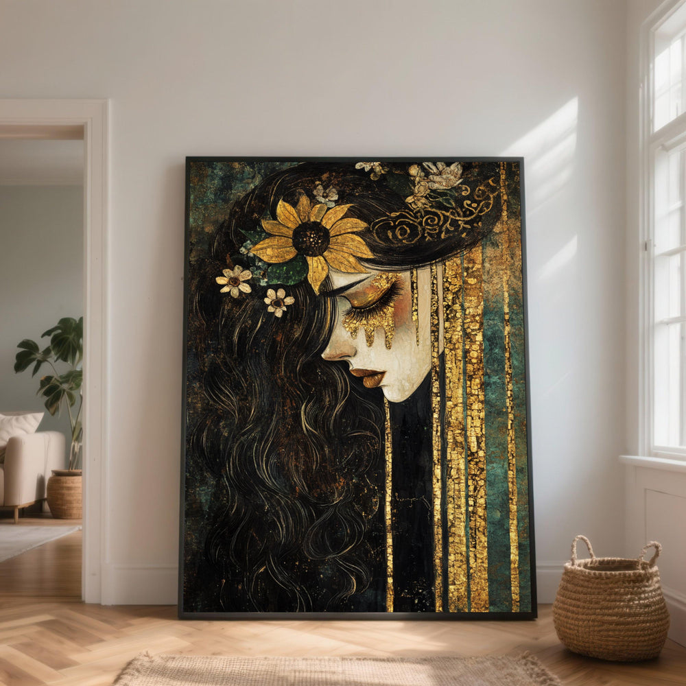 Gold Leaf Woman Portrait Canvas, Modern Boho Wall Art