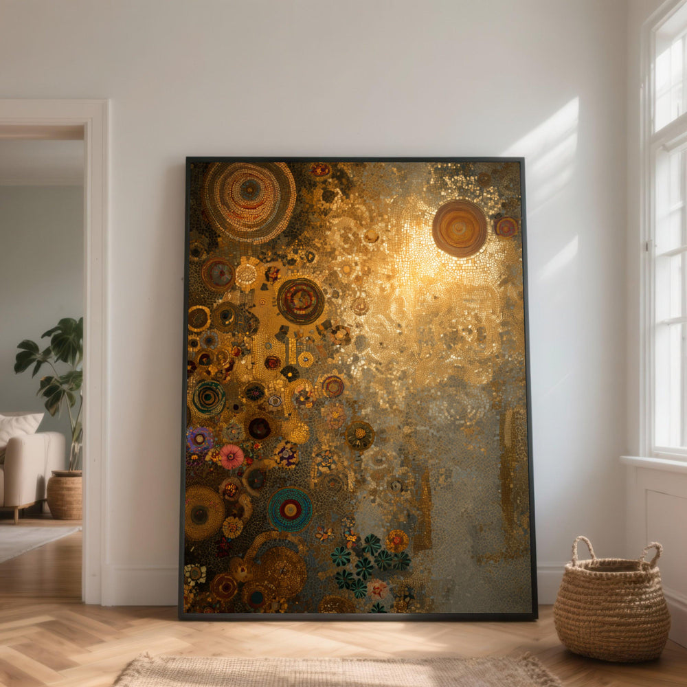 Golden Mosaic Canvas Art, Circular Geometric Design, Earth Tones