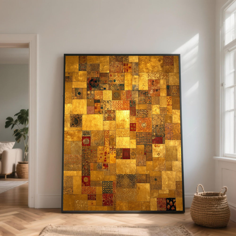 Golden Mosaic Canvas Art, Geometric Patchwork, Modern Rustic Home Decor