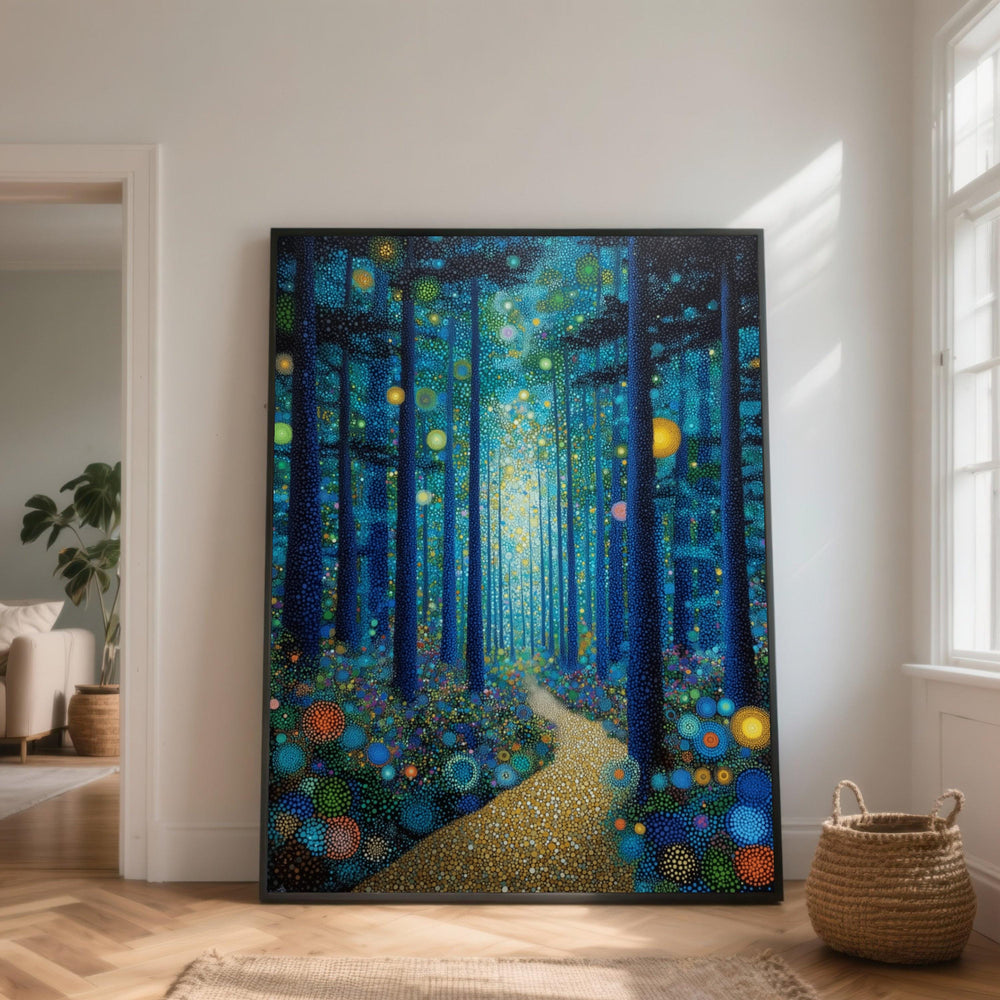 Pointillism Forest Canvas Art, Blue Yellow Dots, Magical Woods Decor
