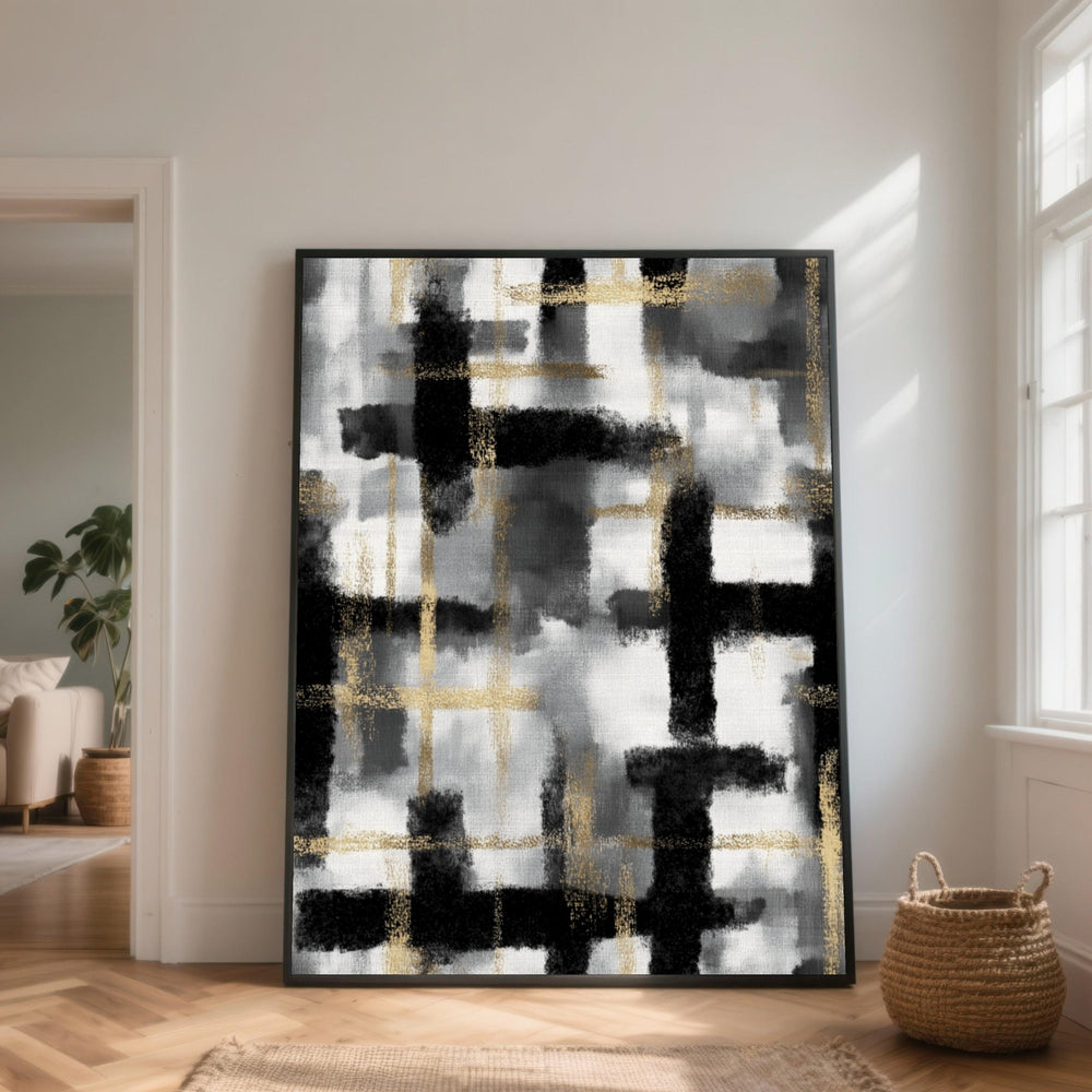 Black and Gold Abstract Grid Canvas Art, Brushstroke Geometric Design