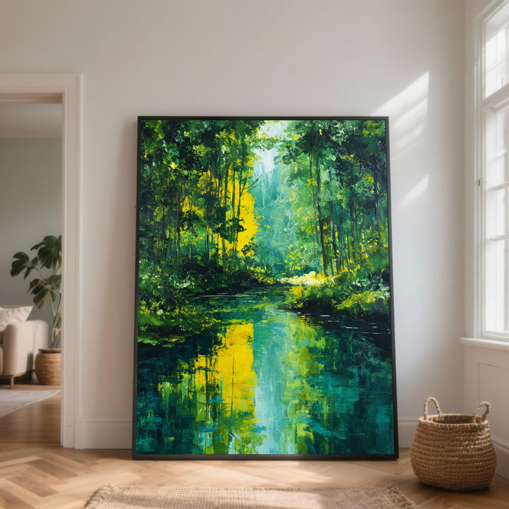Forest Stream Canvas Print, Verdant Reflection, Nature Landscape Wall Art