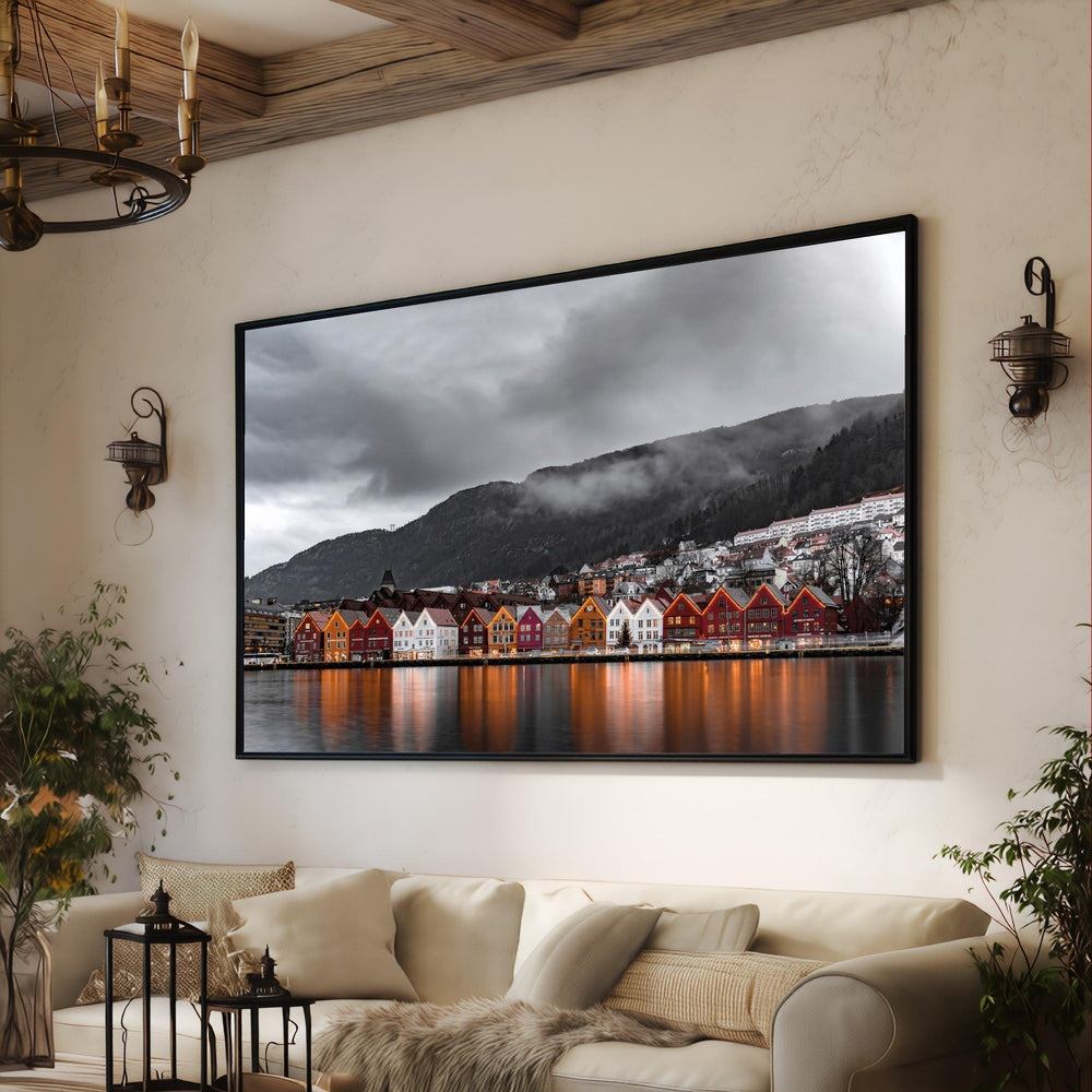 Nordic Harbor Scene Canvas Art, Scandinavian Village Landscape, Winter Lights Reflection