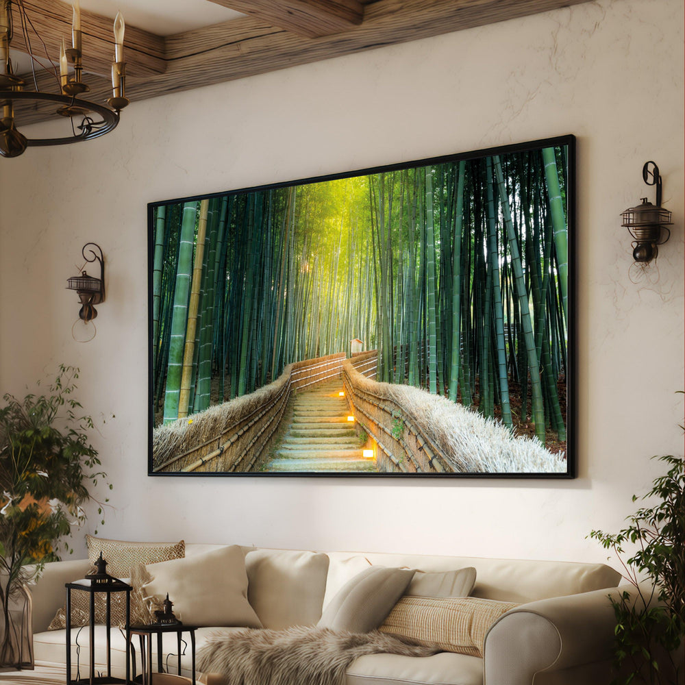 Bamboo Forest Pathway Canvas, Asian Zen Garden Stairs Wall Art