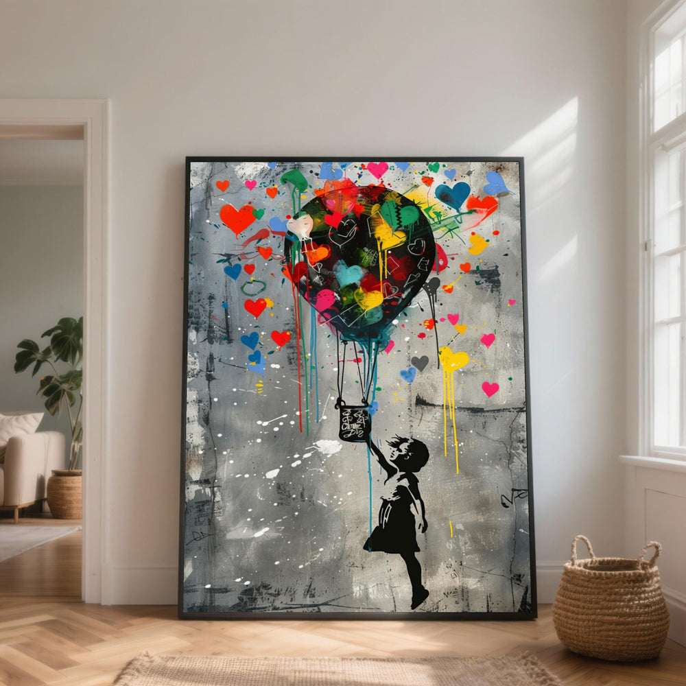 Colorful Heart Balloon Canvas, Girl Silhouette Street Art Print, Modern Graffiti Wall Art