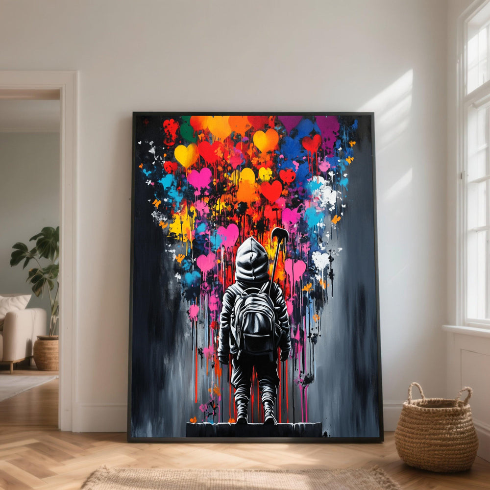 Urban Street Art Canvas, Dripping Hearts, Hooded Figure Graffiti Style