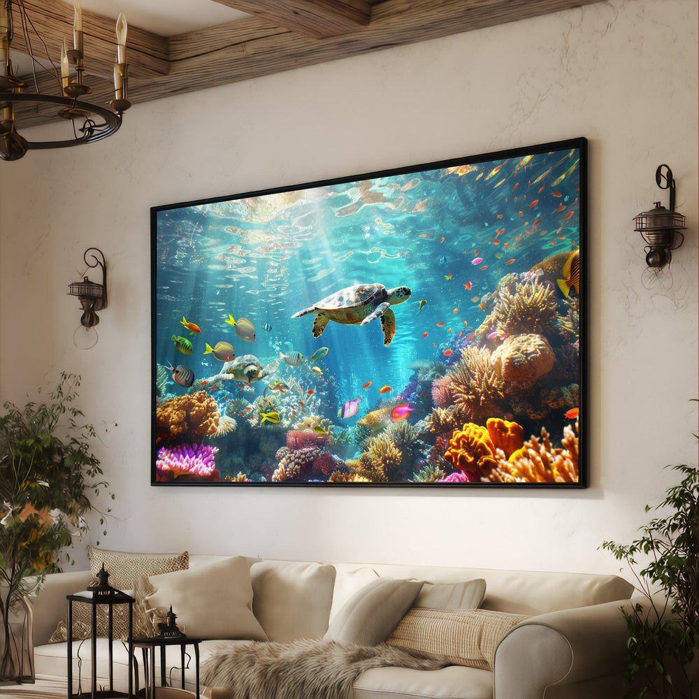 Vibrant Sea Turtle Coral Reef Canvas Art, Ocean Life Tropical Fish Decor