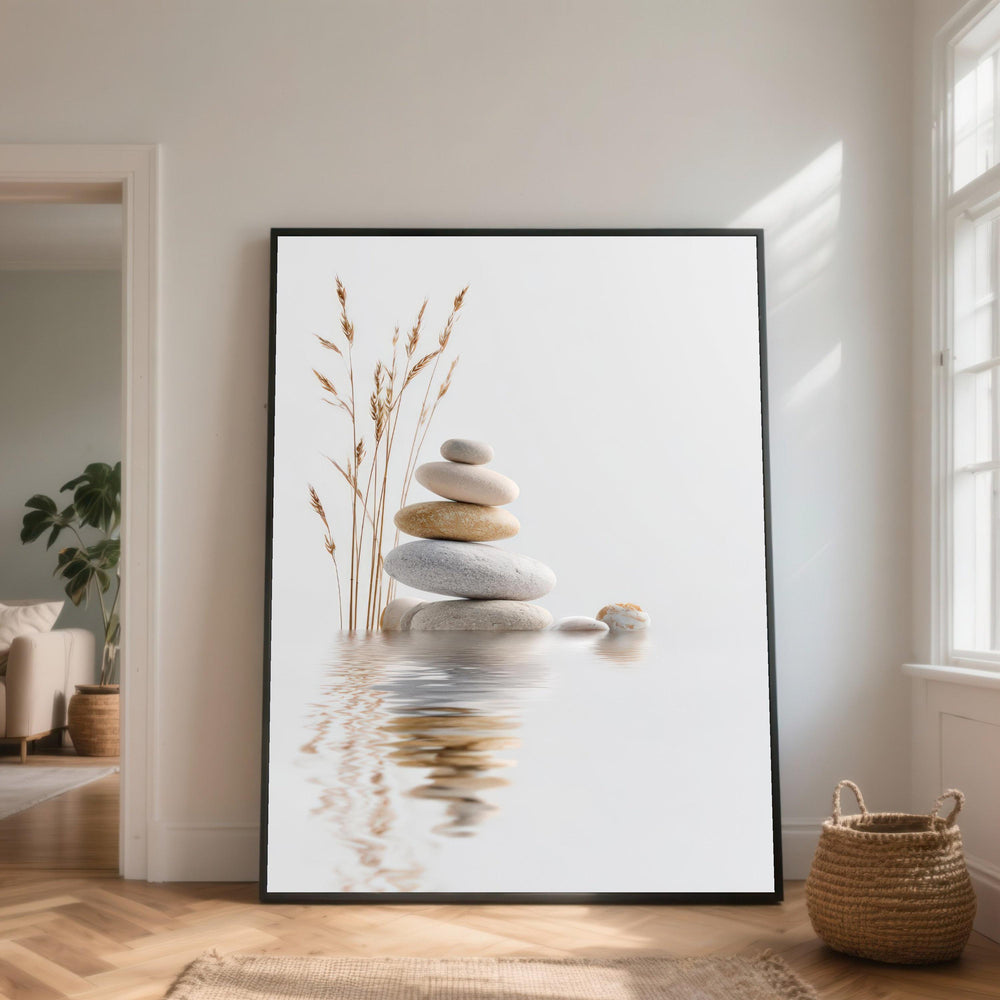 Zen Stone Stack Canvas, Minimalist Spa Decor, Tranquil Water Reflection Art