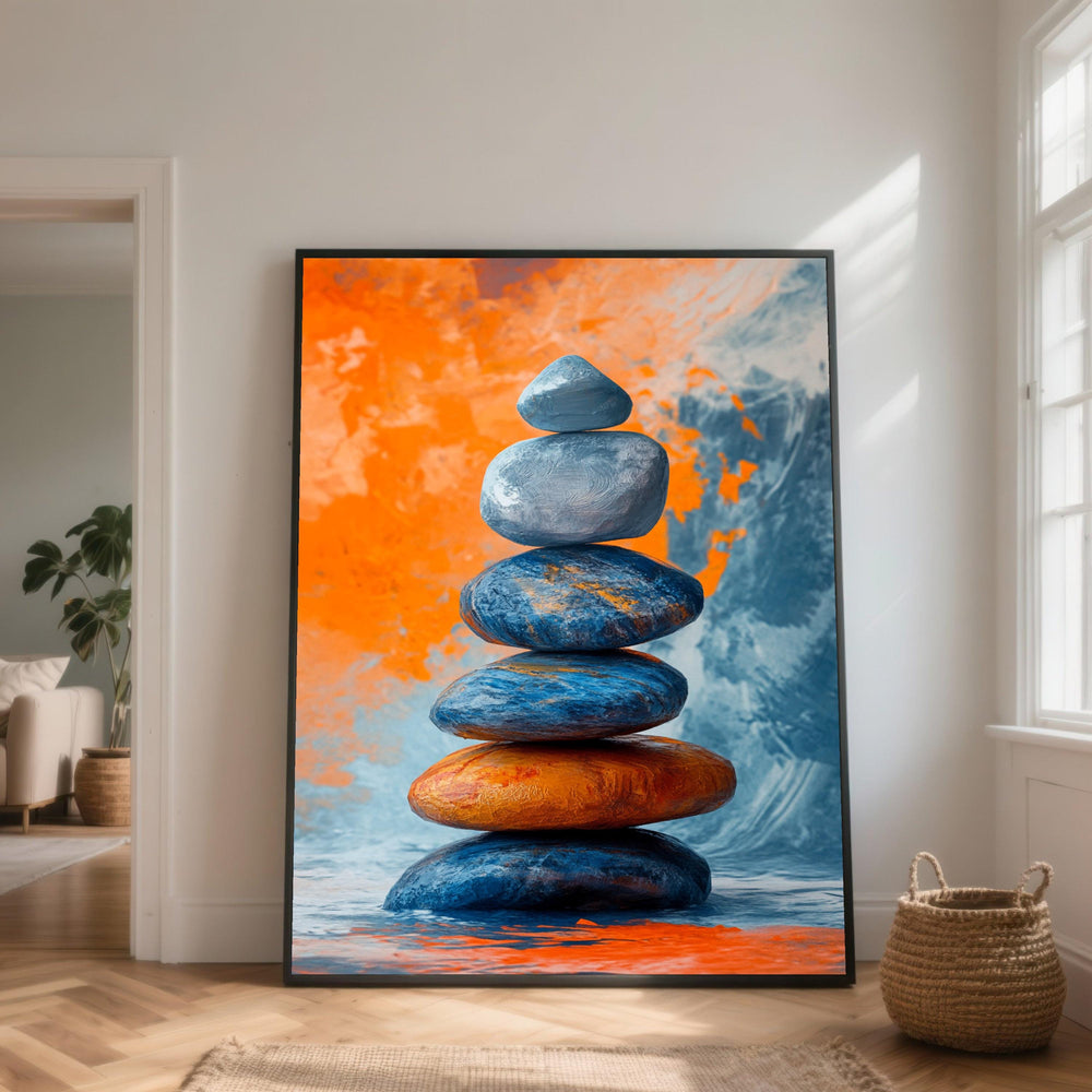 Zen Stone Stack Canvas, Abstract Orange Blue Wall Art, Tranquil Nature Meditation Decor