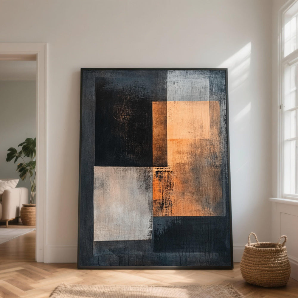 Abstract Geometric Canvas Wall Art, Orange Gray Black Squares, Contemporary Home Decor