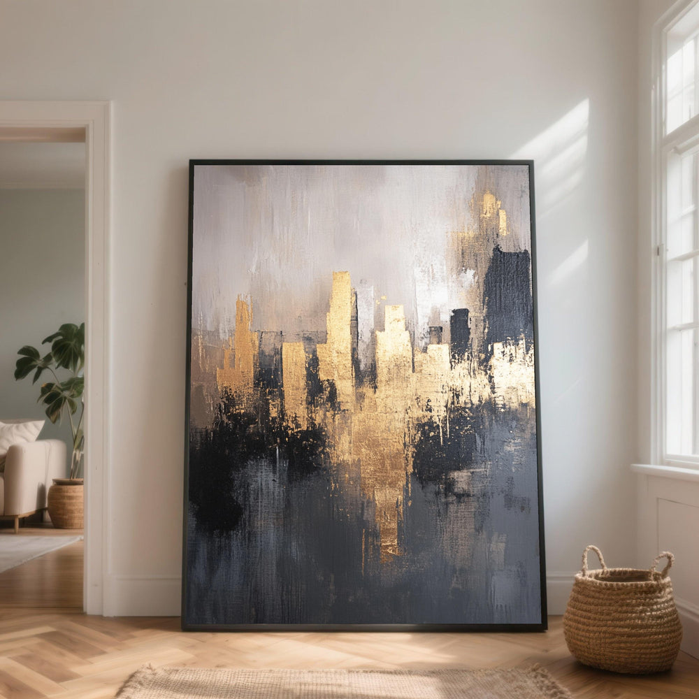 Abstract Gold Black Cityscape Canvas Wall Art, Metallic Urban Painting, Contemporary Home Decor
