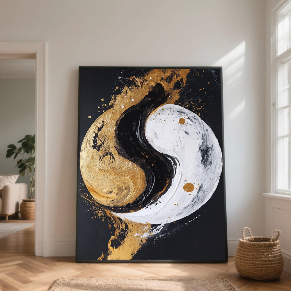 Abstract Yin Yang Canvas Art, Gold Black White Painting, Spiritual Home Decor