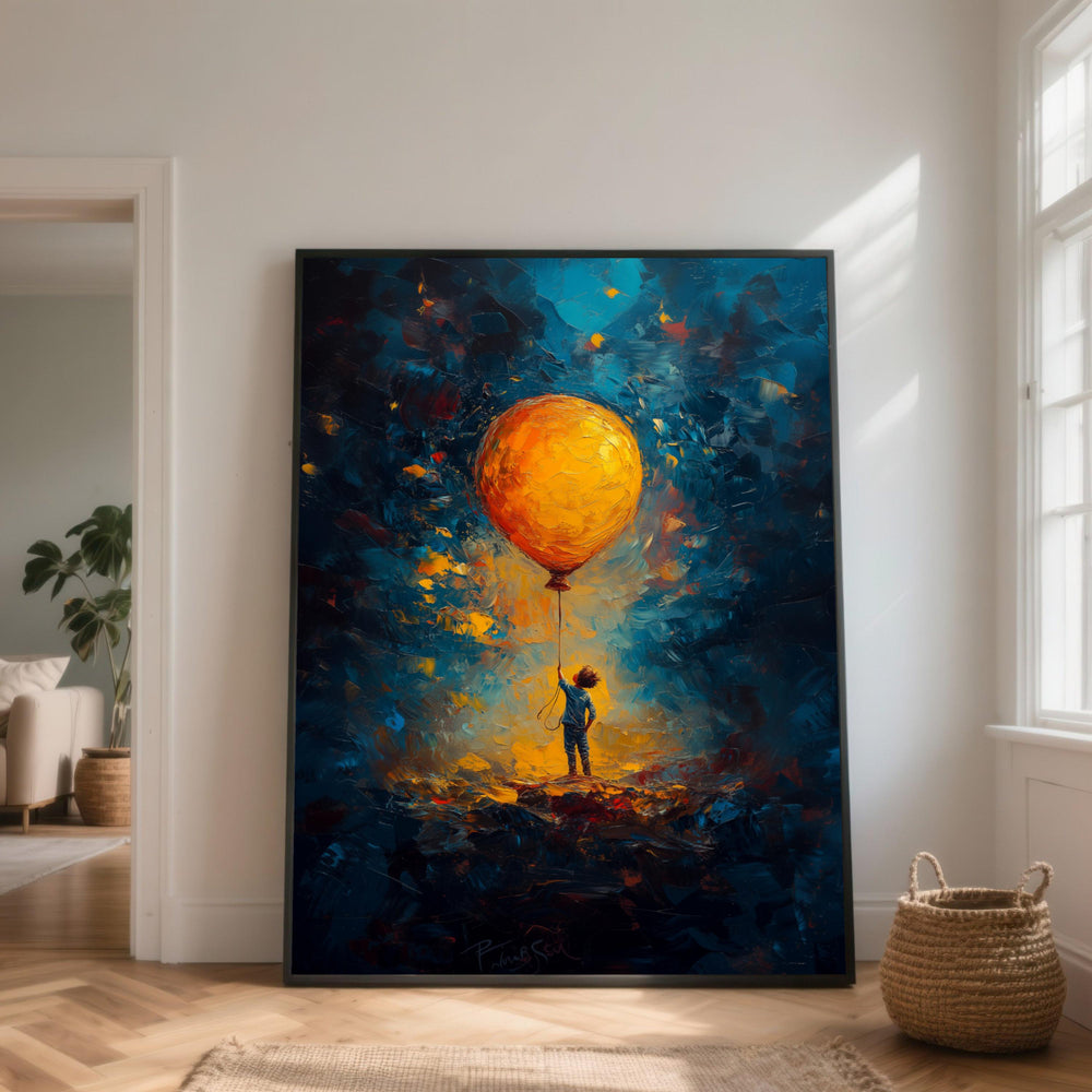 Child with Giant Balloon Canvas, Abstract Impressionism Art, Orange Blue Painting, Kids Room Decor