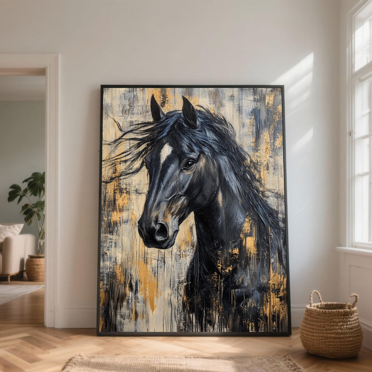 Black Horse Abstract Canvas Art, Contemporary Equestrian Wall Decor