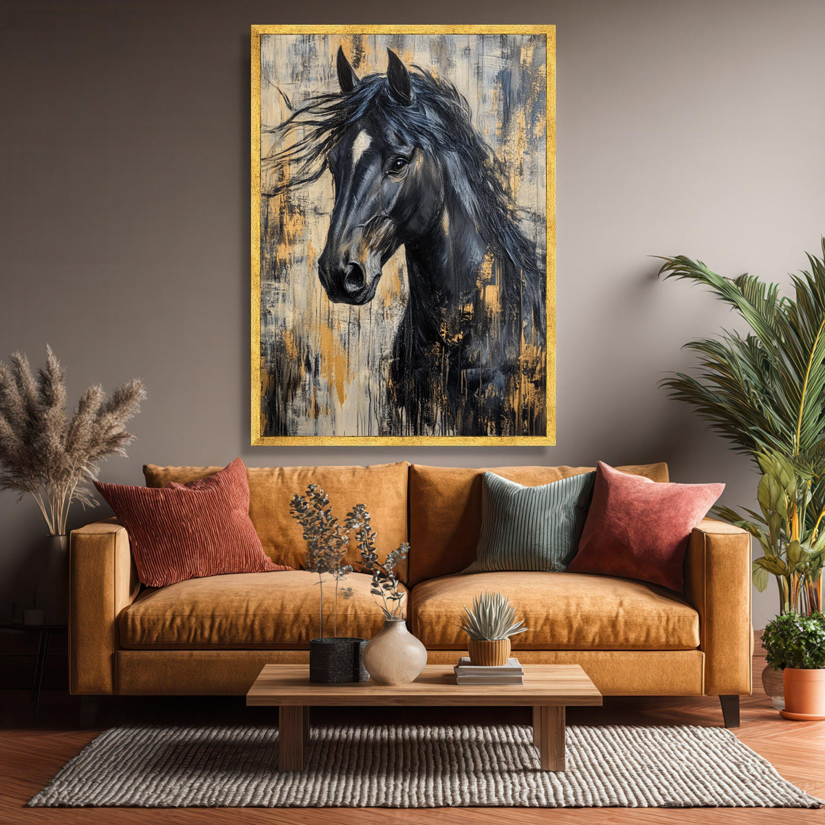 Black Horse Abstract Canvas Art, Contemporary Equestrian Wall Decor