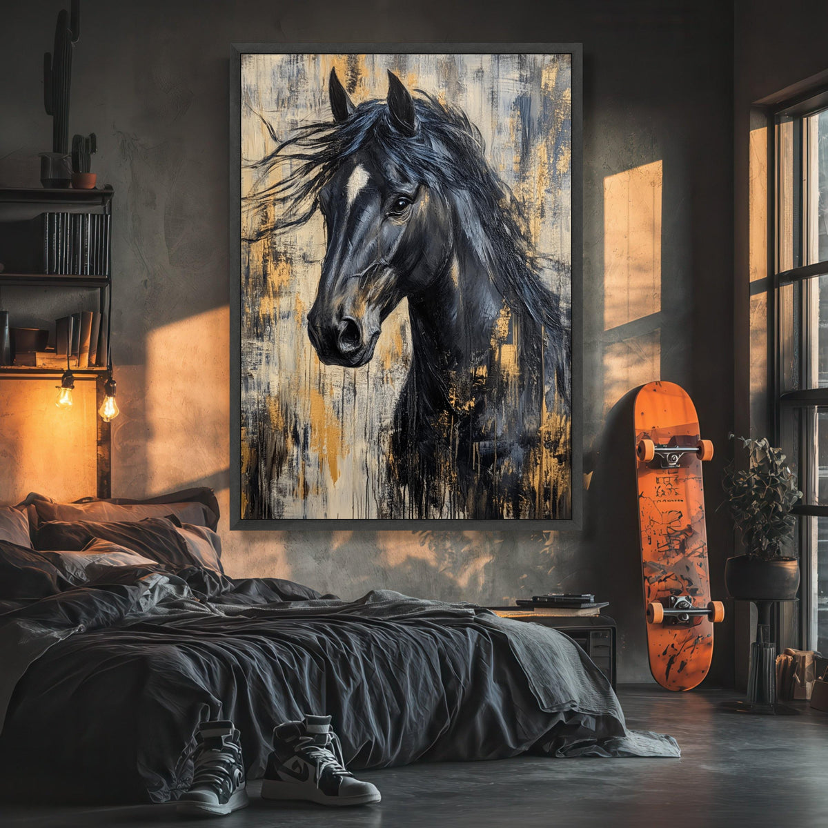 Black Horse Abstract Canvas Art, Contemporary Equestrian Wall Decor