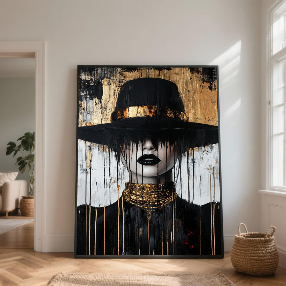Abstract Drip Portrait Canvas, Woman Black Hat Gold Necklace, Modern Chic Wall Art