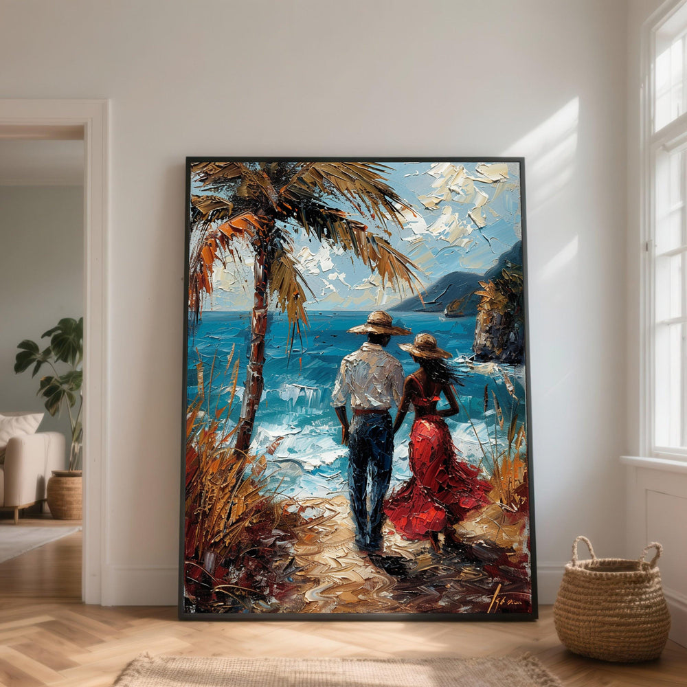 Romantic Couple Ocean Canvas, Tropical Beach Palm Tree Landscape Painting