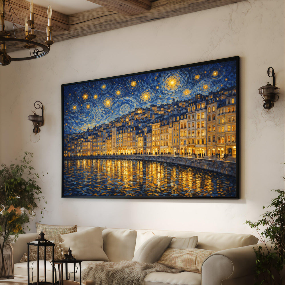 Starry Night Cityscape Canvas,Wall Art, Waterfront Buildings Reflection