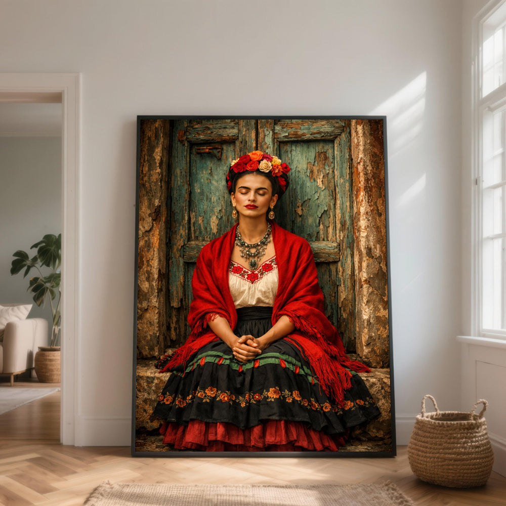 Frida Kahlo Inspired Woman Portrait Canvas, Traditional Dress Wall Art, Floral Headpiece Canvas Decoration, Rustic Door Background