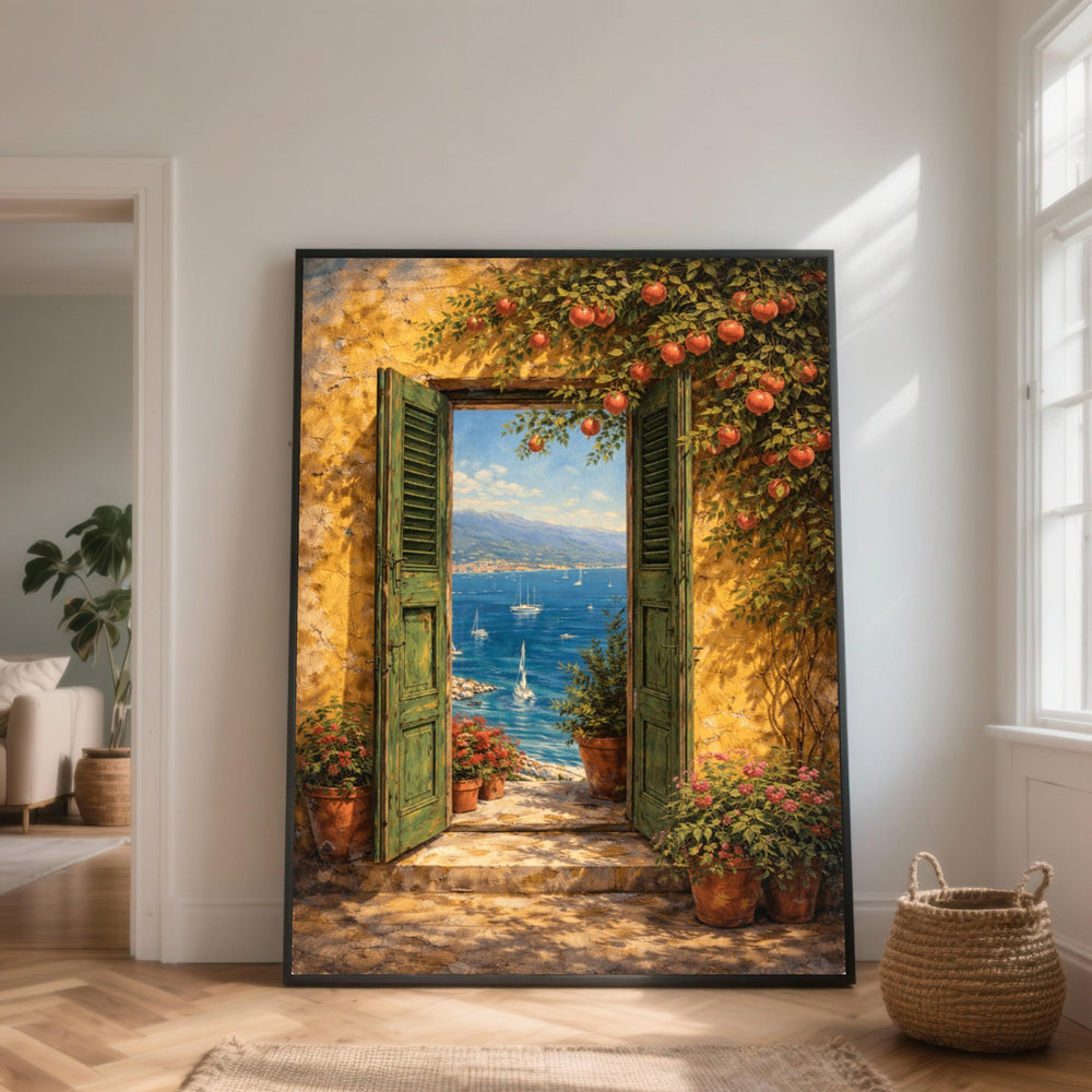 Mediterranean Seaside View Canvas Print, Open Shutter Door Coastal Landscape Painting