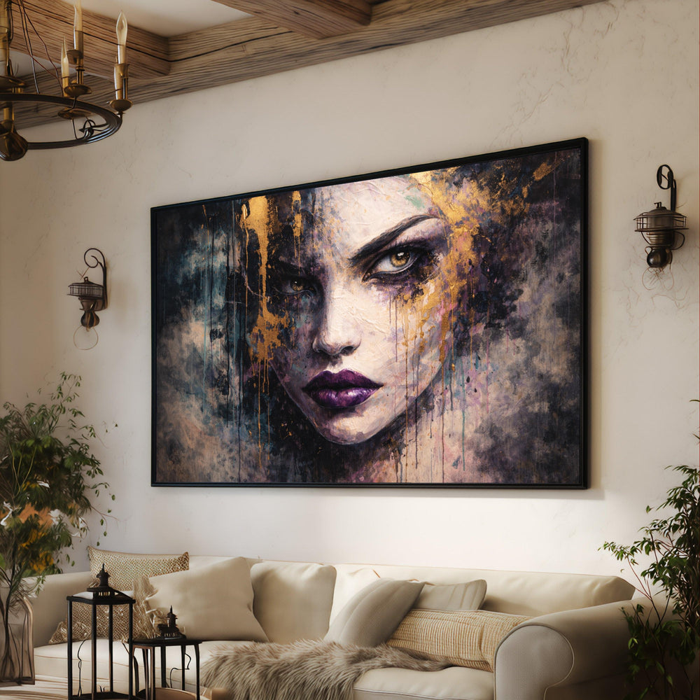 Mysterious Woman Portrait Canvas Art, Abstract Face Painting, Gold Accent Home Décor