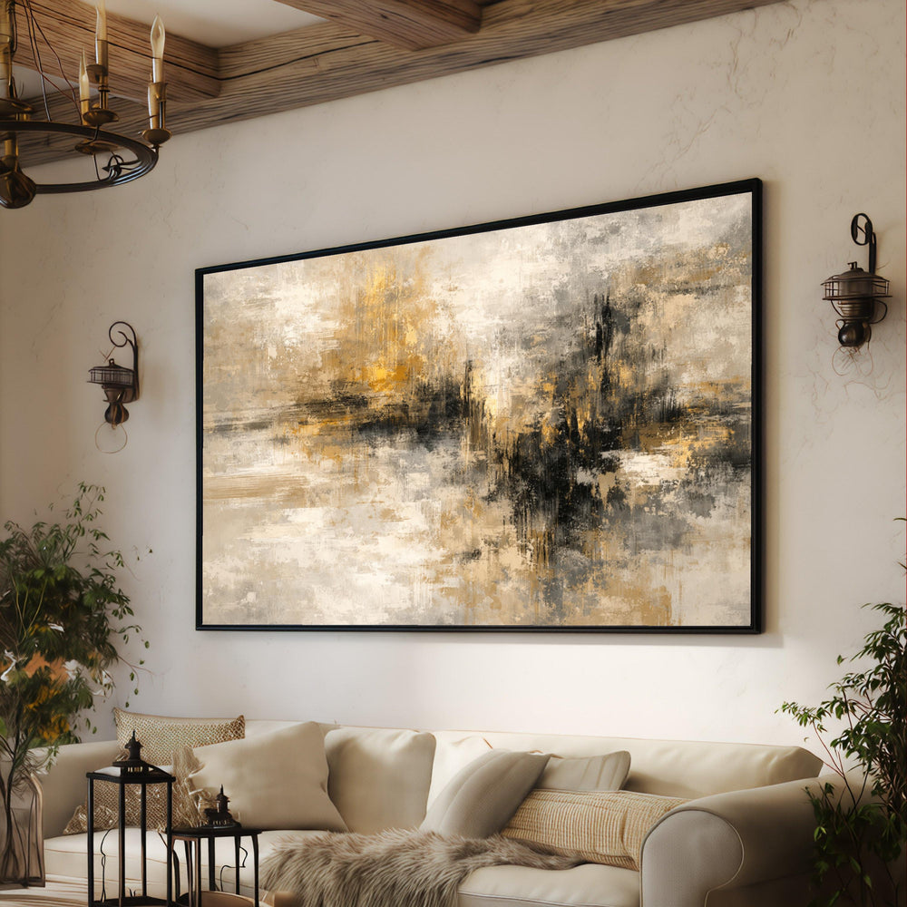 Abstract Gold Black Canvas Wall Art, Neutral Toned Contemporary Painting