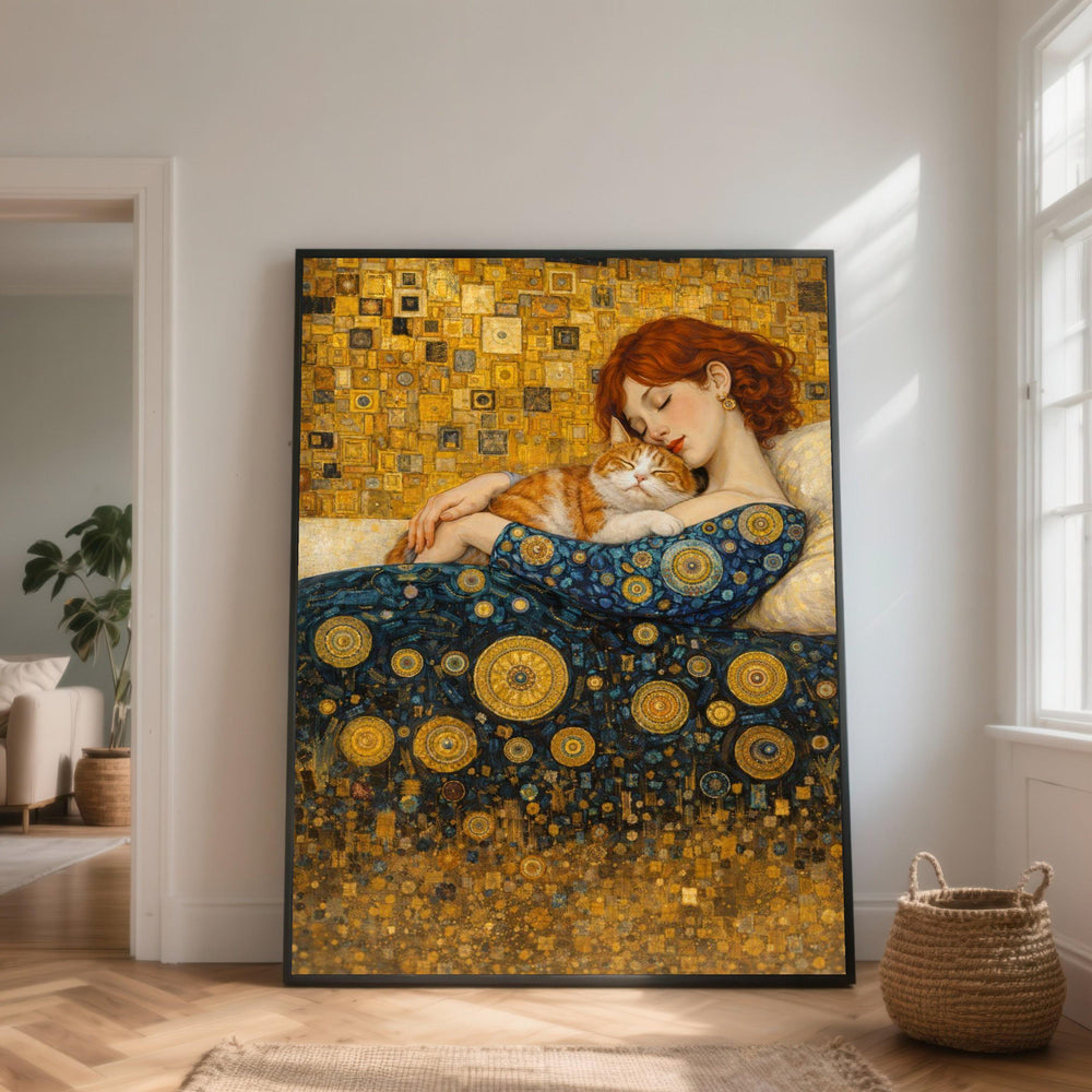 Woman Cat Embrace Golden Mosaic Canvas Print, Red Hair Portrait Wall Art