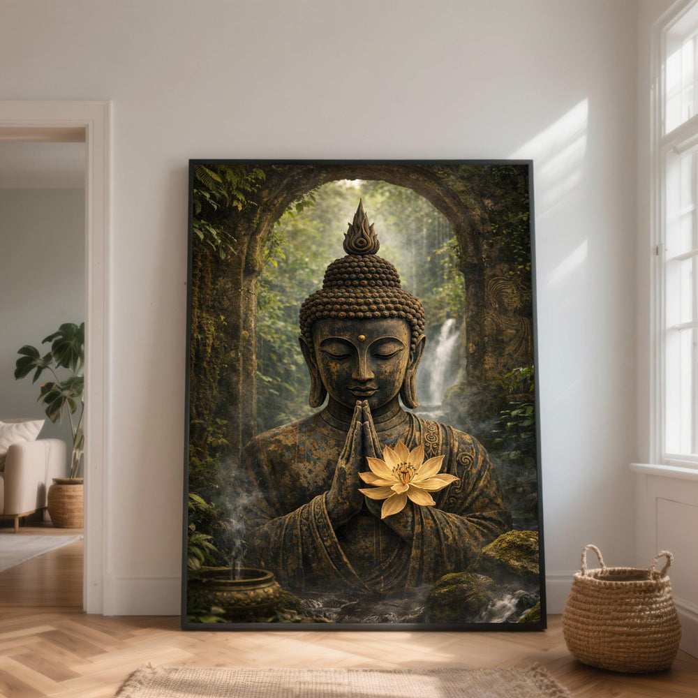 Meditative Buddha Statue Canvas, Zen Garden Wall Art, Spiritual Lotus Flower Decoration