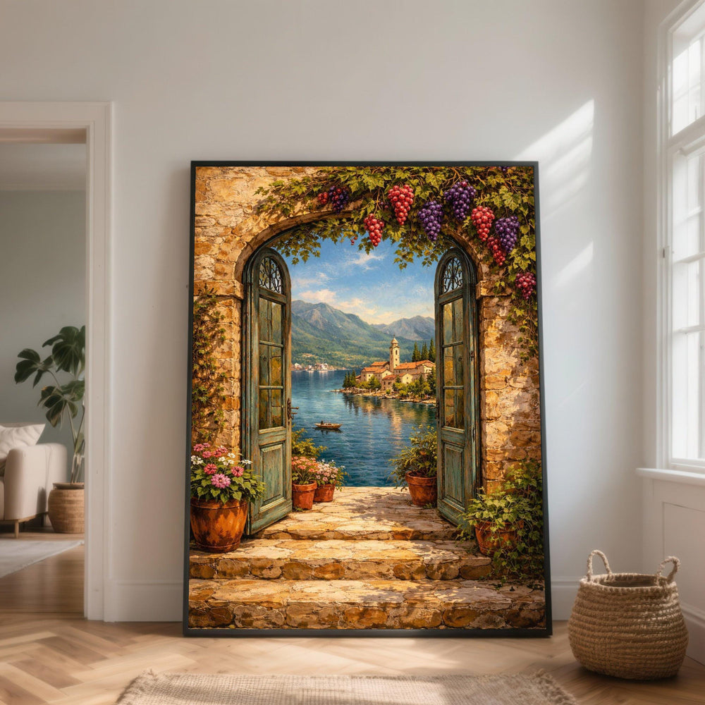 Rustic Doorway Canvas, Mediterranean Lake View, Vineyard Grapes Art, Stone Archway Decor