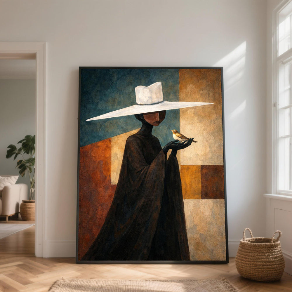 Woman Silhouette Canvas, Wide Brim Hat Wall Art, Minimalist Figure Painting, Bird Artwork
