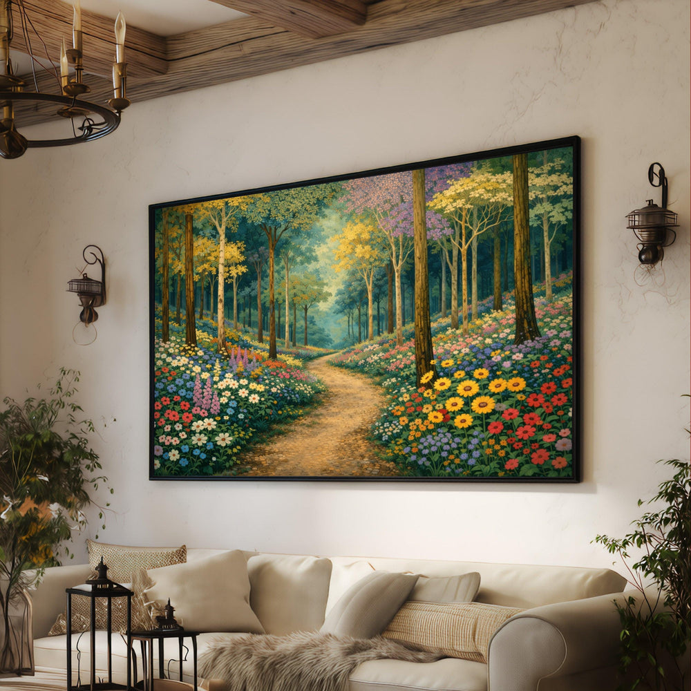 Enchanted Forest Path Canvas, Colorful Wildflower Meadow Landscape Painting